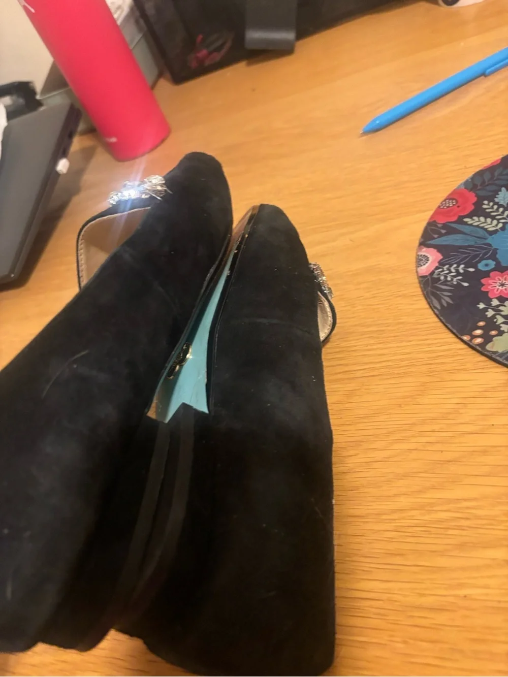 Betsey Johnson Black Pointed-Toe Flats with Crystal Embellishment